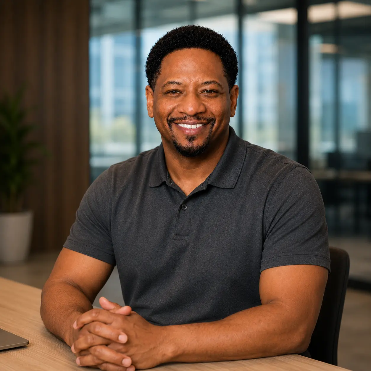 Ty Holston in a charcoal polo seated at a strategy workspace